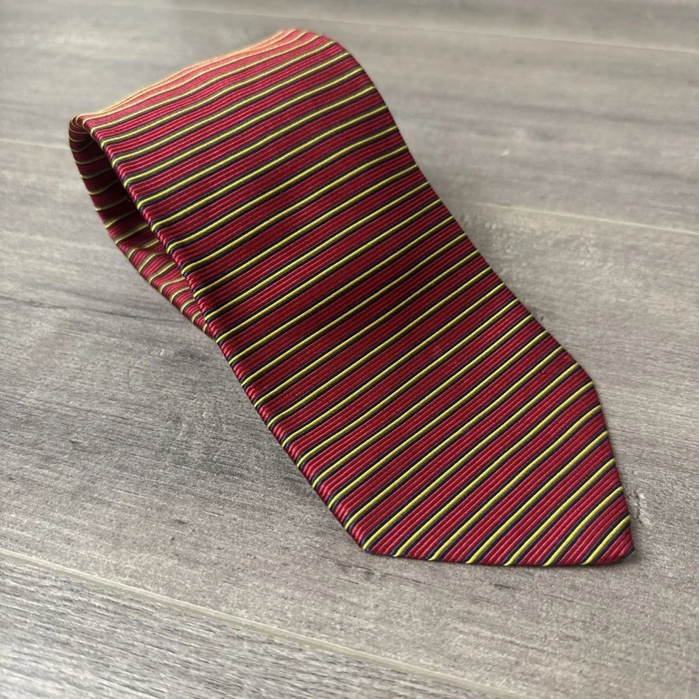 Brooks Brothers Makers Mens Silk Tie Burgundy Navy Yellow Horizontal Stripe USA